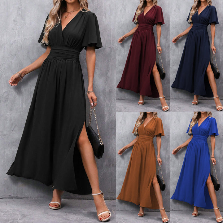 Caroline | Women's V-neck Maxi Dress with Slit and Elastic Waist