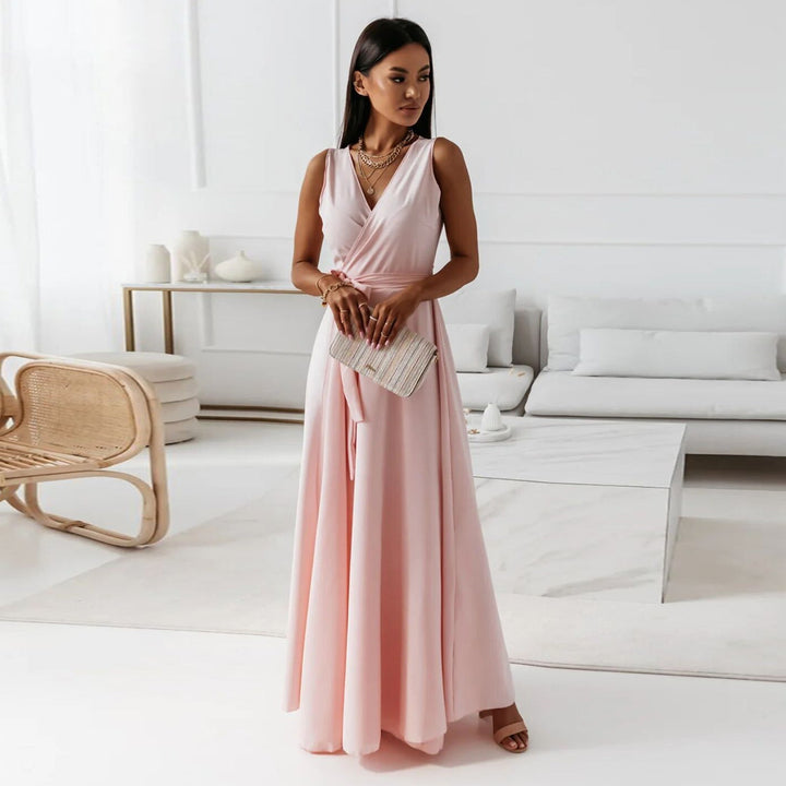 Gina | Women's Long V Neck Wrap Dress with Sleeveless