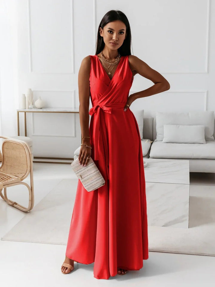 Gina | Women's Long V Neck Wrap Dress with Sleeveless
