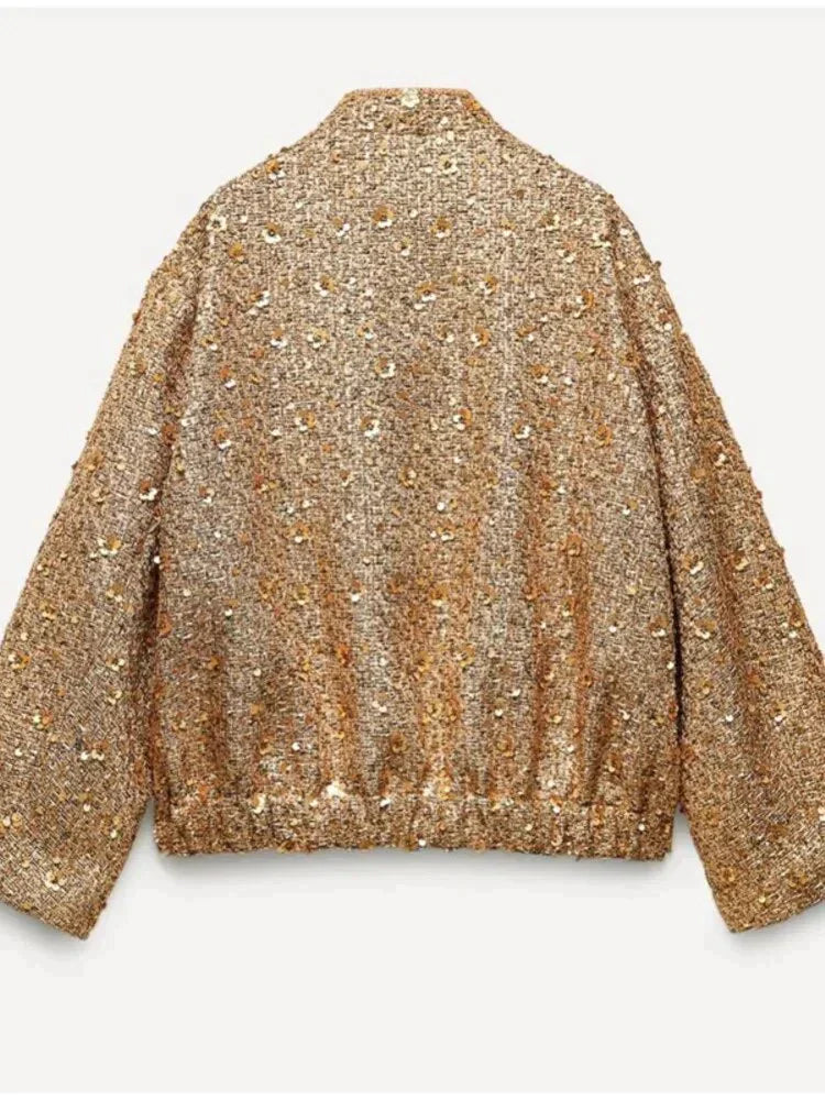 Queenie | Women's Gold Sequin Bomber Jacket with Snap Buttons