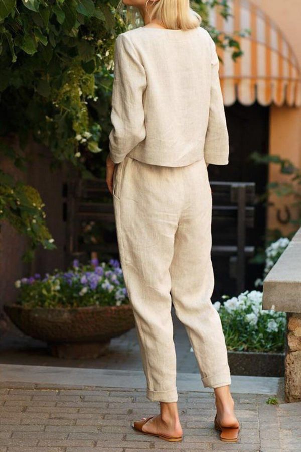 Helena | Women's Linen Short Sleeve Blouse and Trousers Set