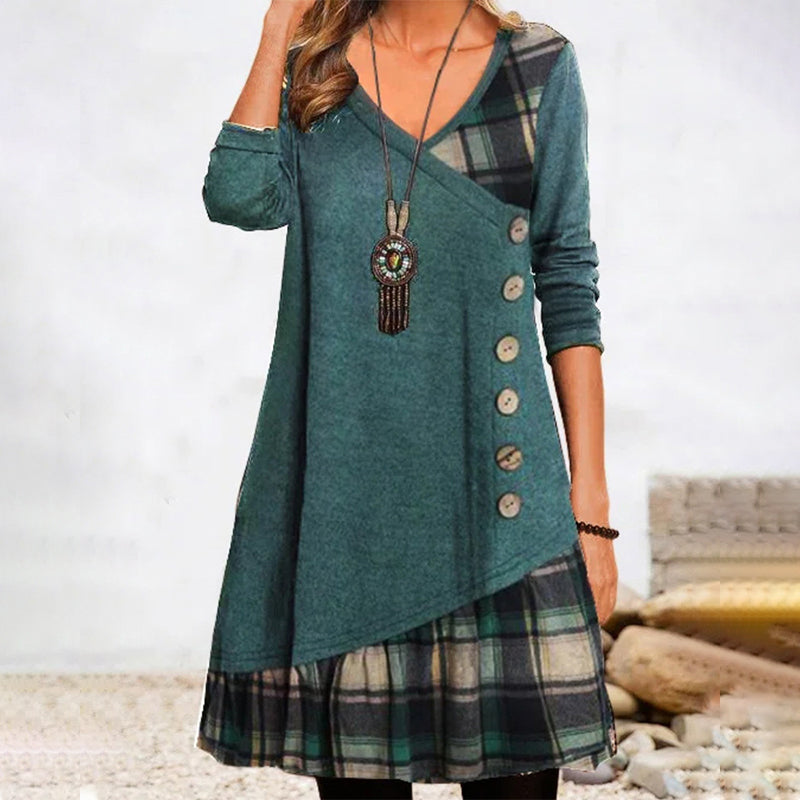 Tatiana | Women's Long Sleeves V-Neck Patchwork Tunic Dress