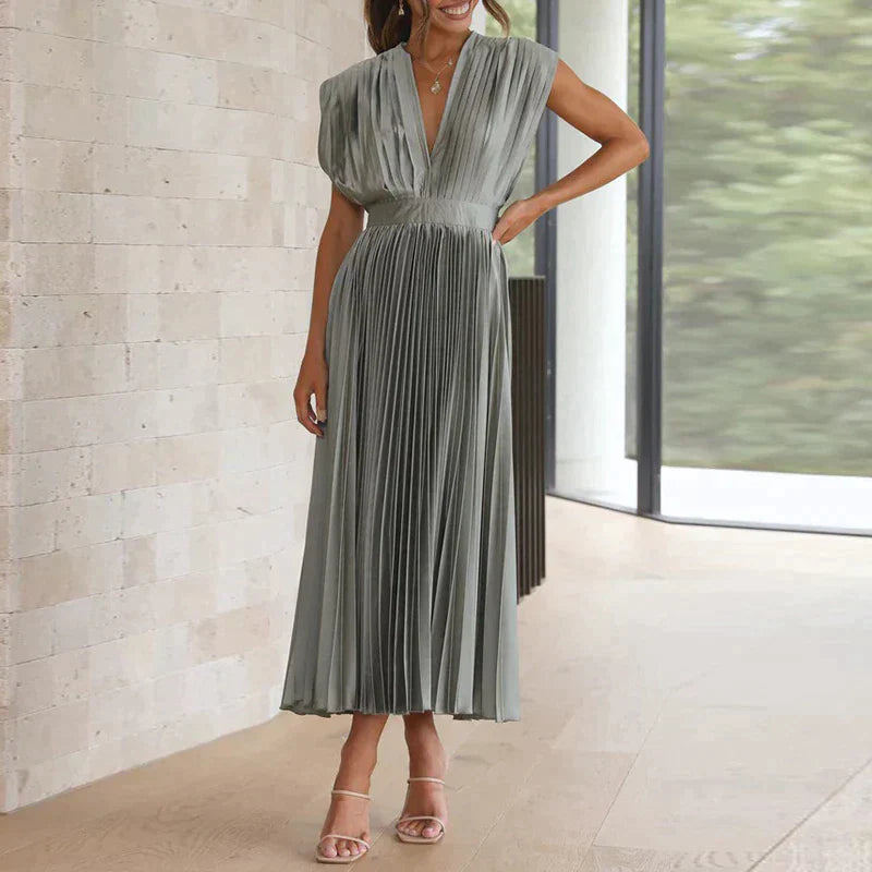 Bella | Women's Sleeveless Pleated Midi Dress with Deep V-Neck
