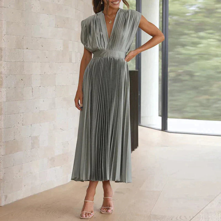 Bella | Women's Sleeveless Pleated Midi Dress with Deep V-Neck