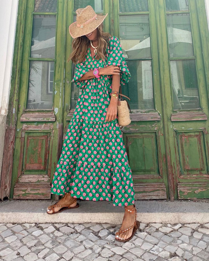Chloe | Women's Printed Boho Dress with V-neck and Puff Sleeve