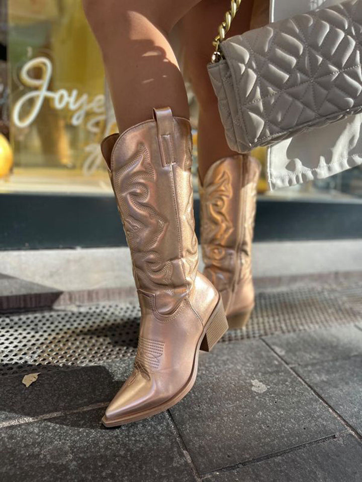 Marisca | Women's Metallic Western Knee High Boots with Zipper