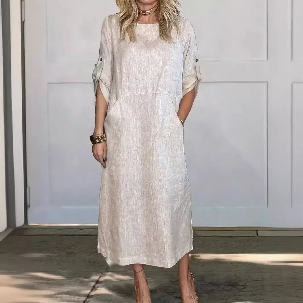 Emily | Women's Casual Roll Tab Sleeves Linen Midi Dress