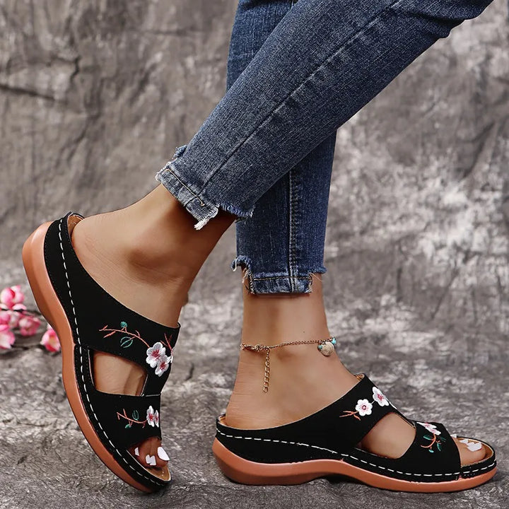 Gianna | Women's Orthopedic Embroidered Slip On Leather Sandals