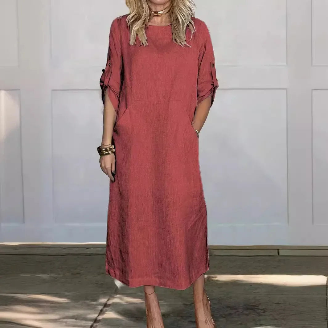 Emily | Women's Casual Roll Tab Sleeves Linen Midi Dress