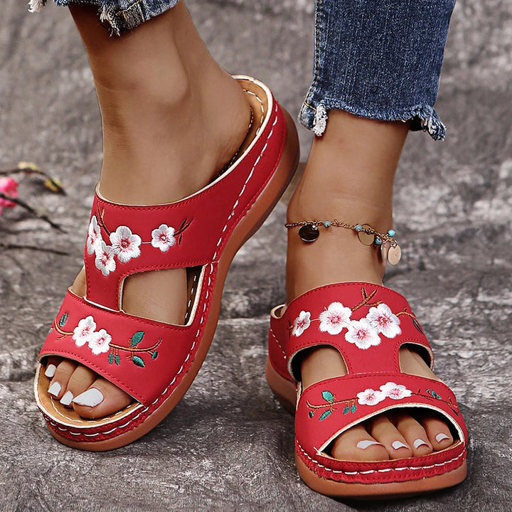 Gianna | Women's Orthopedic Embroidered Slip On Leather Sandals