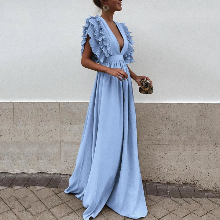 Nora | Women's High-Waist Flowing Maxi Dress with Ruffled Sleeves