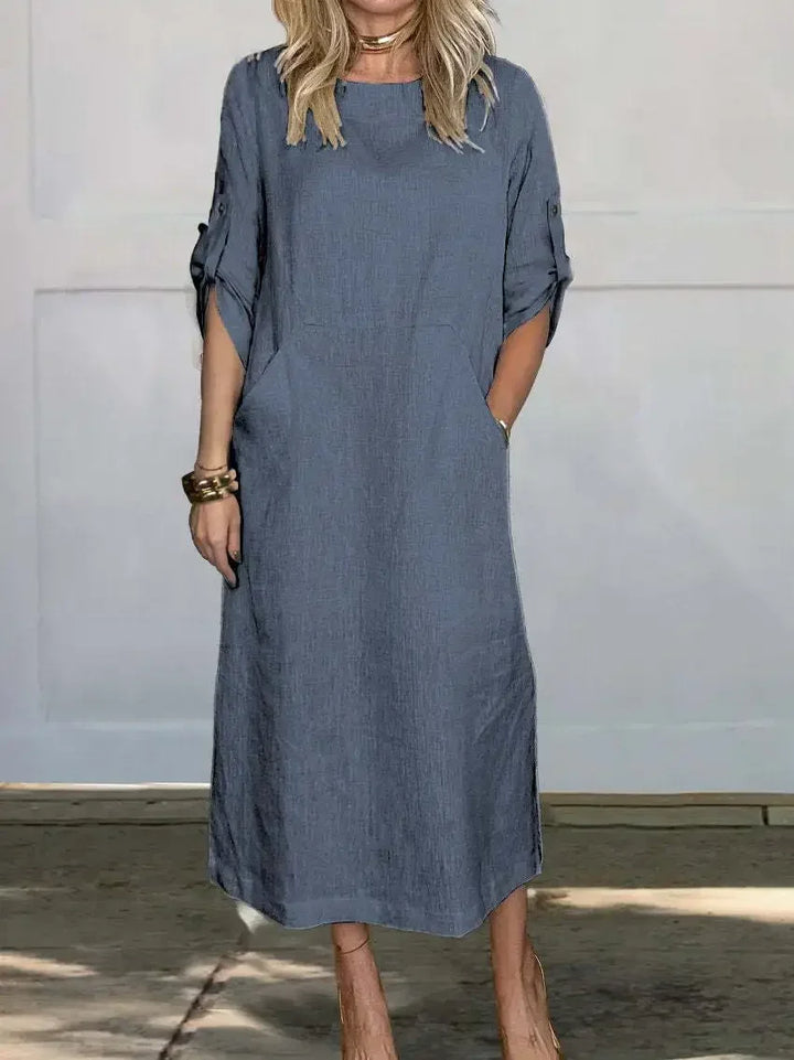 Emily | Women's Casual Roll Tab Sleeves Linen Midi Dress