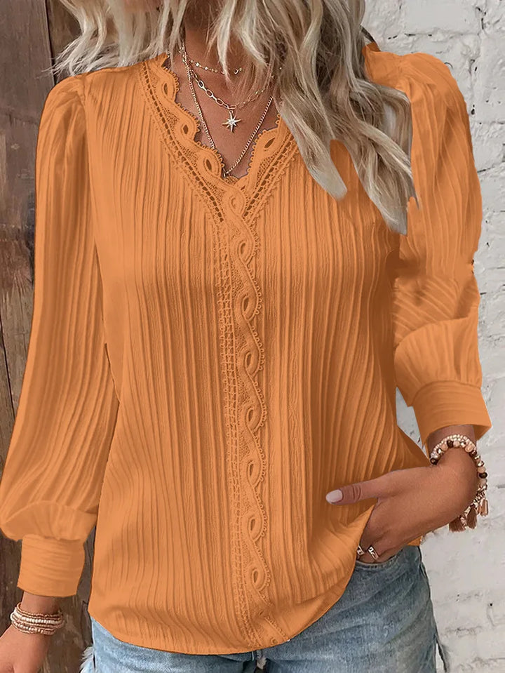 Rachel | Women's Long Sleeve Ribbed Blouse with Lace Trim and V-Neck
