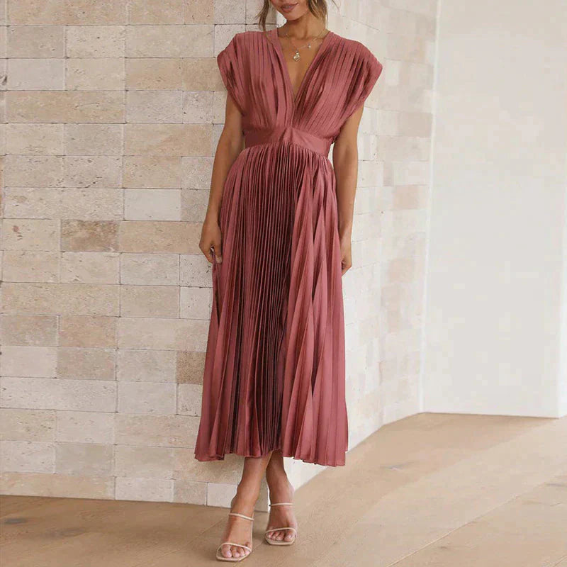 Bella | Women's Sleeveless Pleated Midi Dress with Deep V-Neck