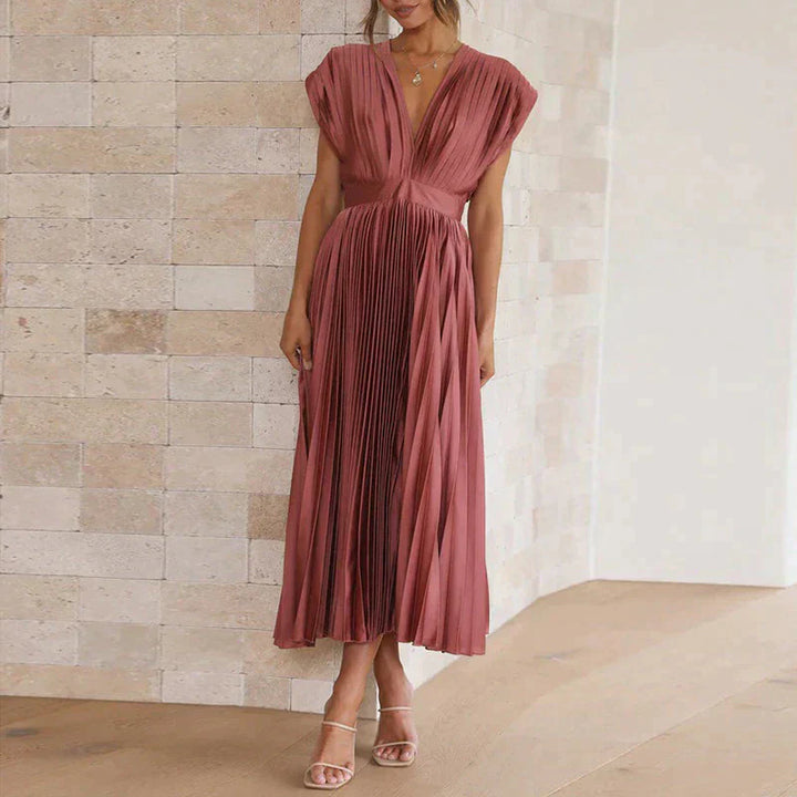 Bella | Women's Sleeveless Pleated Midi Dress with Deep V-Neck