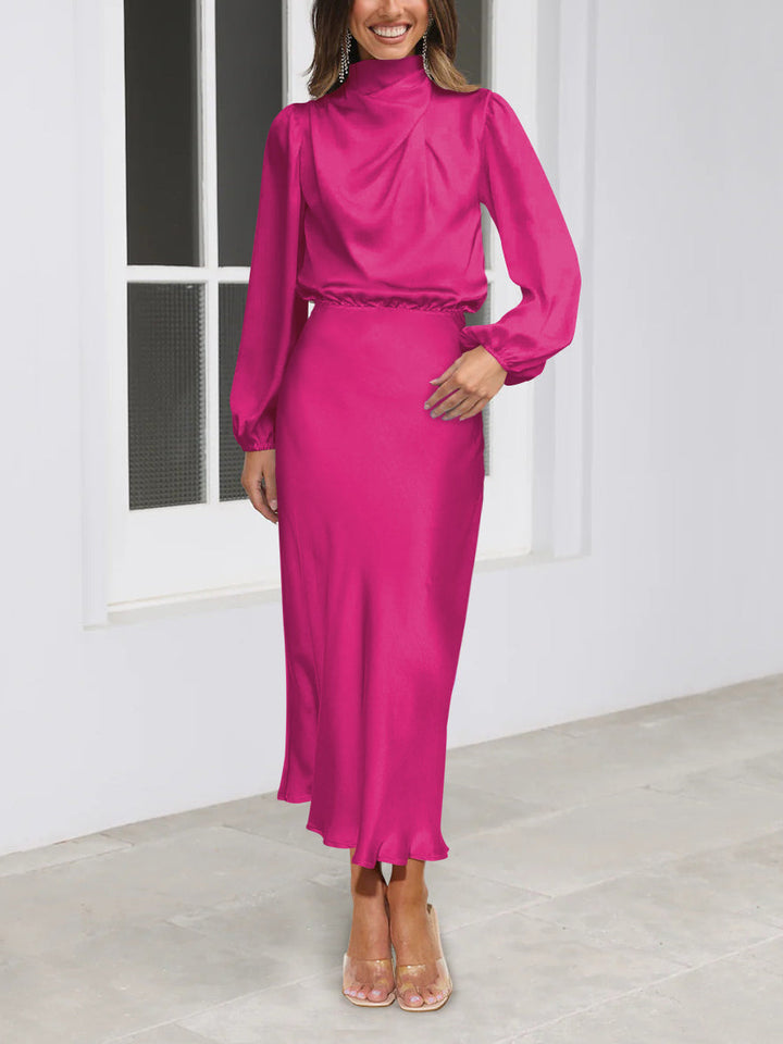 Mina | Women's Long Sleeve Satin Dress with High Neck