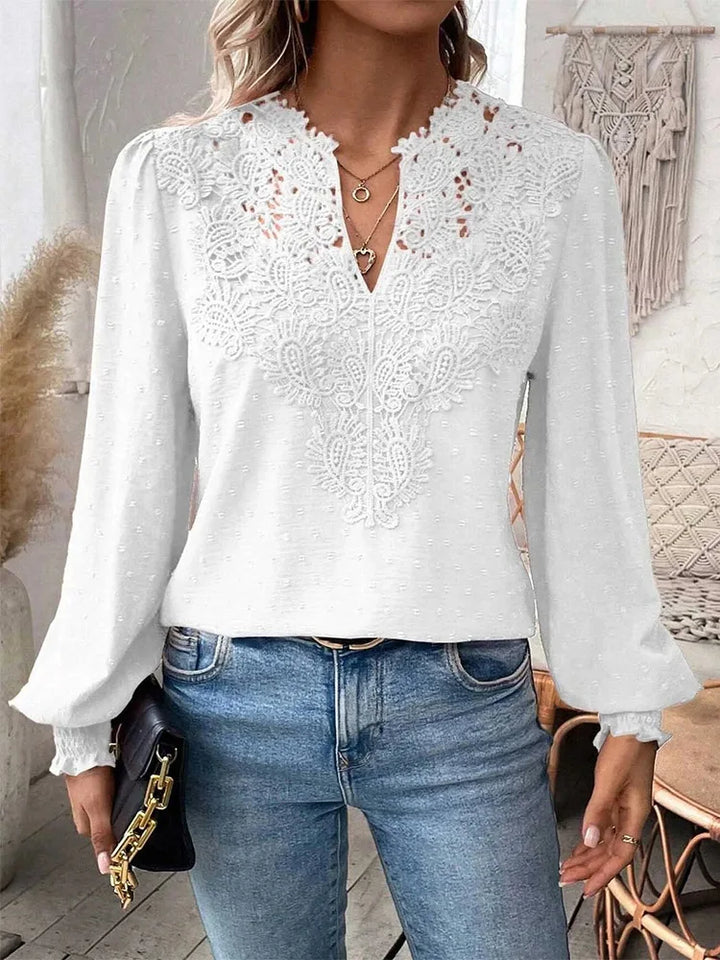Prescila | Women's Long Sleeves Lace Patchwork V Neck Blouse