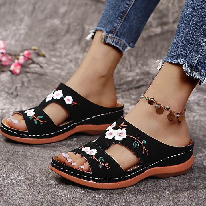 Gianna | Women's Orthopedic Embroidered Slip On Leather Sandals