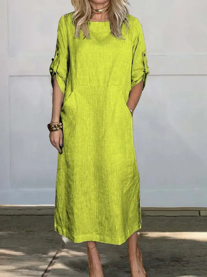 Emily | Women's Casual Roll Tab Sleeves Linen Midi Dress