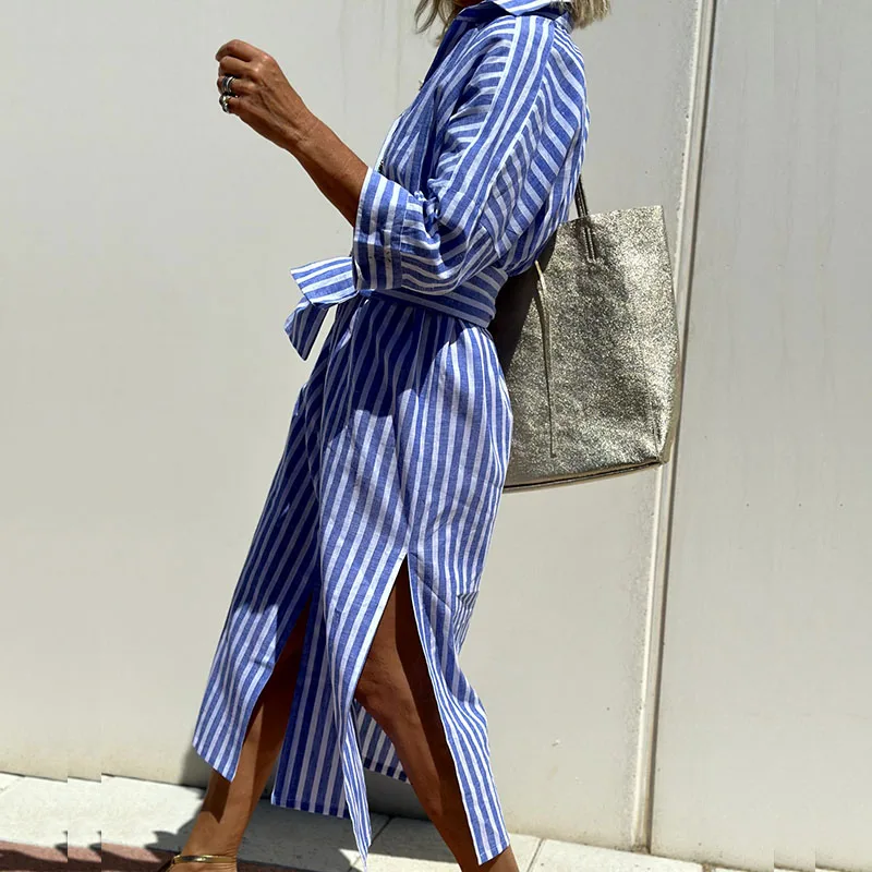 Solene | Women's Striped Long Sleeve Shirt Dress with Buttons