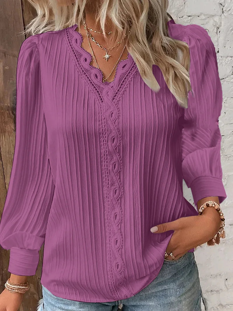 Rachel | Women's Long Sleeve Ribbed Blouse with Lace Trim and V-Neck
