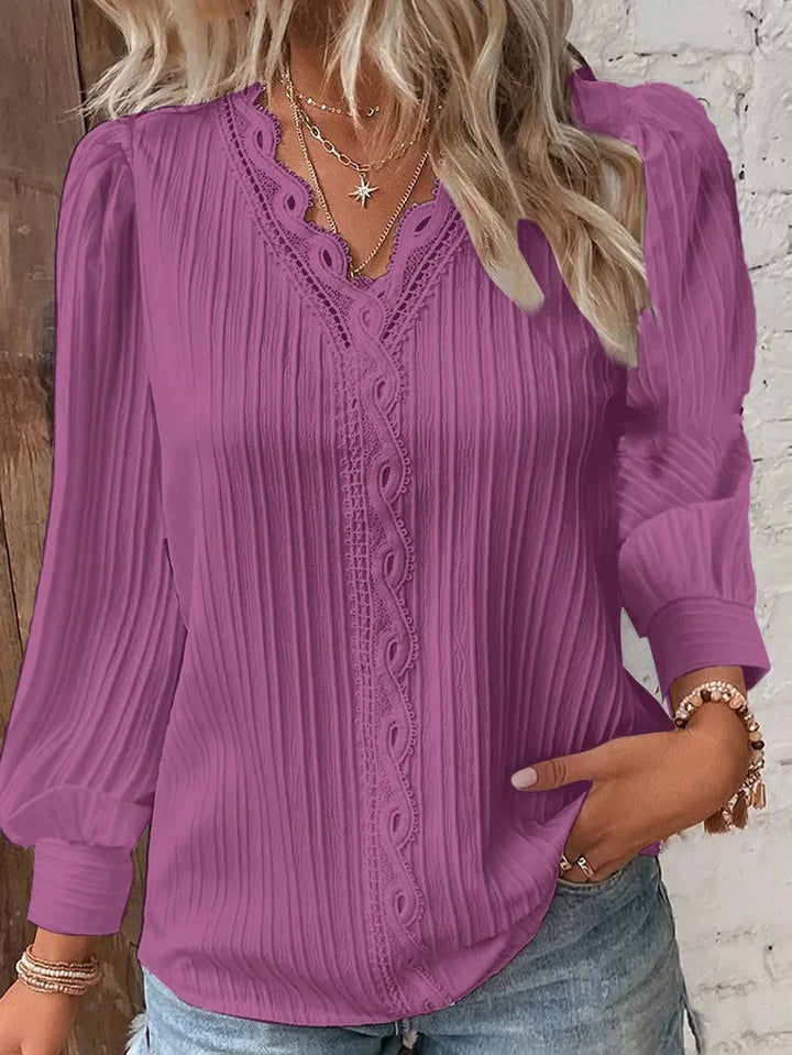 Rachel | Women's Long Sleeve Ribbed Blouse with Lace Trim and V-Neck