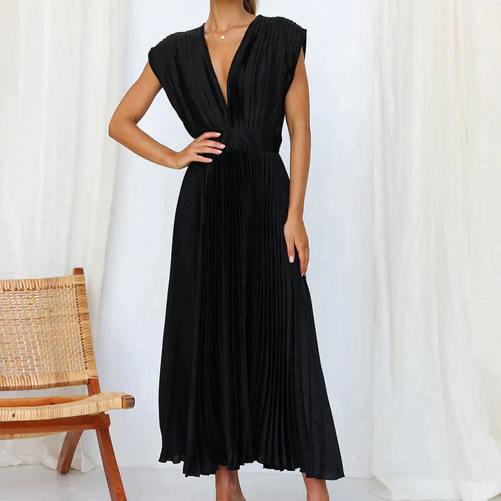Bella | Women's Sleeveless Pleated Midi Dress with Deep V-Neck