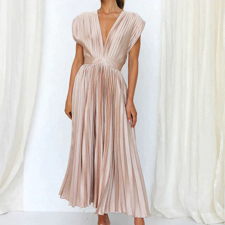 Bella | Women's Sleeveless Pleated Midi Dress with Deep V-Neck