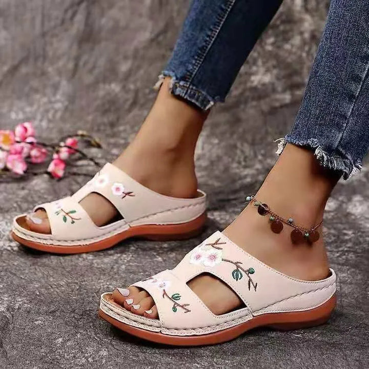 Gianna | Women's Orthopedic Embroidered Slip On Leather Sandals