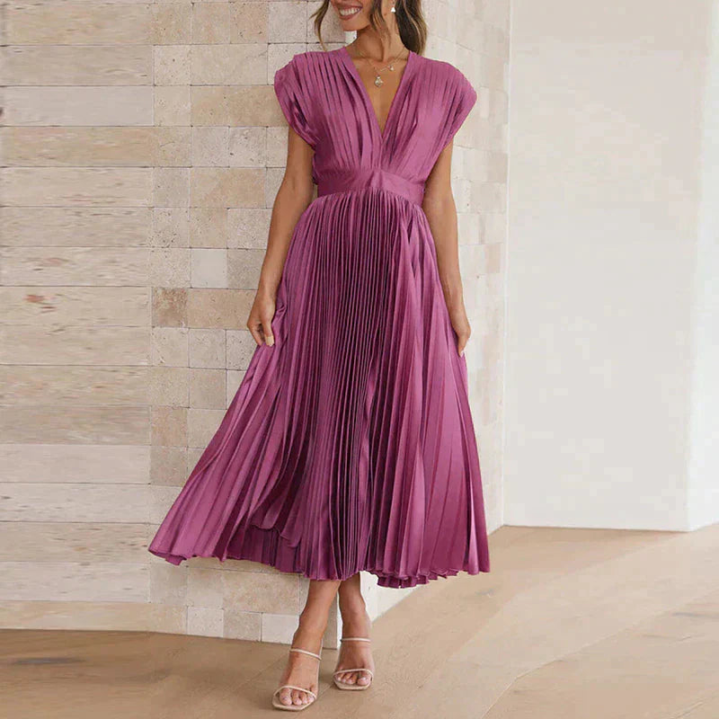 Bella | Women's Sleeveless Pleated Midi Dress with Deep V-Neck