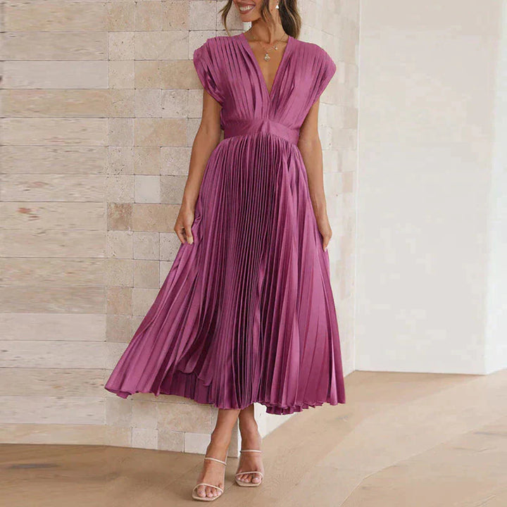 Bella | Women's Sleeveless Pleated Midi Dress with Deep V-Neck