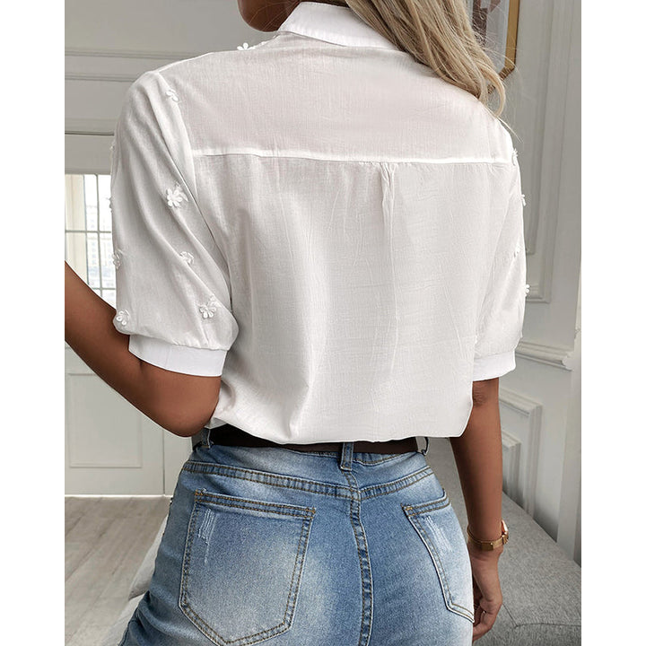 Lindsey | Women's V-neck Short Sleeve Top with Floral Embroidered and Eyelet