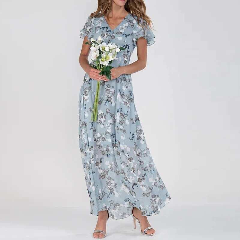 Savannah | Women's Floral Maxi Dress with V-neck and Short Sleeves