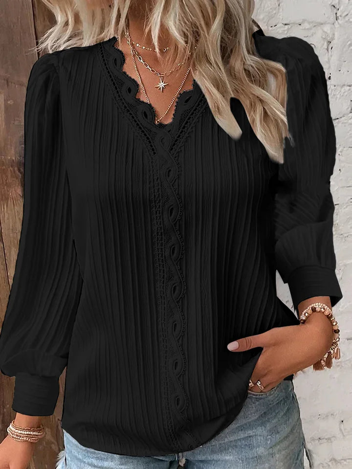 Rachel | Women's Long Sleeve Ribbed Blouse with Lace Trim and V-Neck