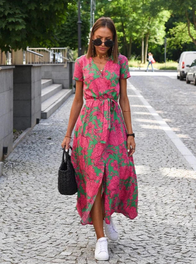 Alora | Women's Floral Wrap Summer Dress with Vneck and Tie Belt