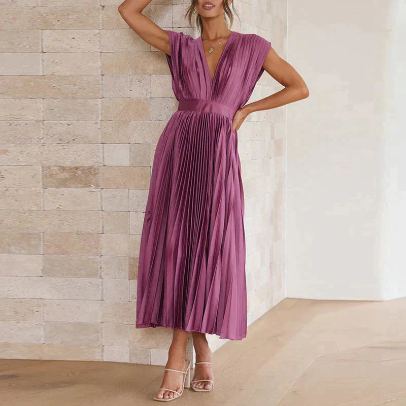 Bella | Women's Sleeveless Pleated Midi Dress with Deep V-Neck