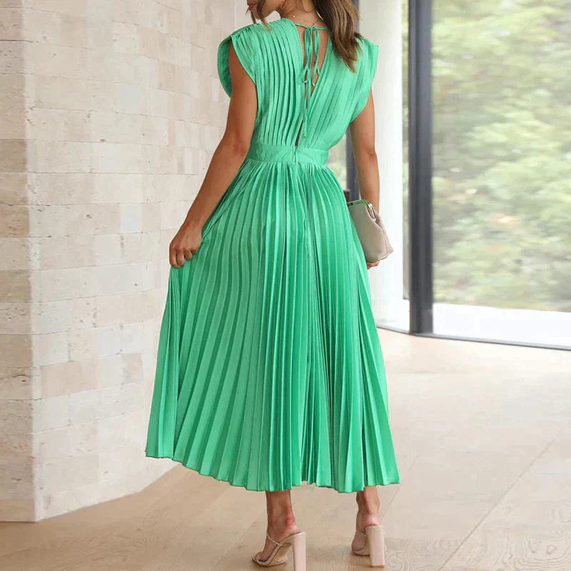 Bella | Women's Sleeveless Pleated Midi Dress with Deep V-Neck