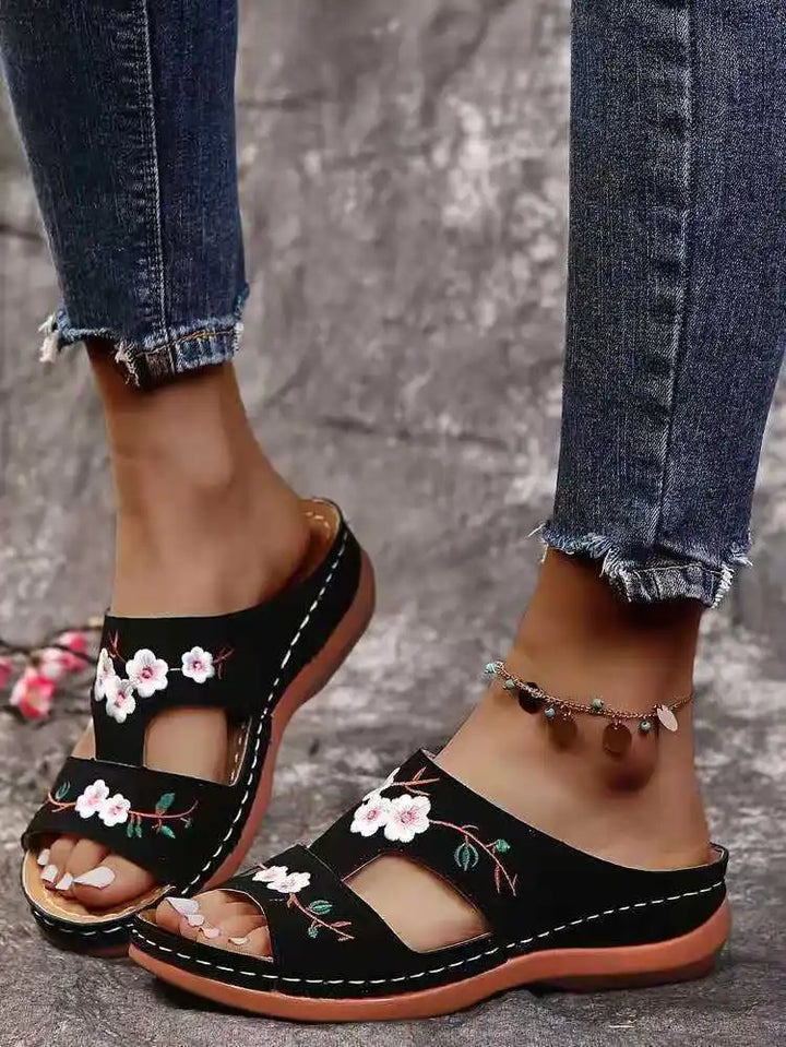Gianna | Women's Orthopedic Embroidered Slip On Leather Sandals