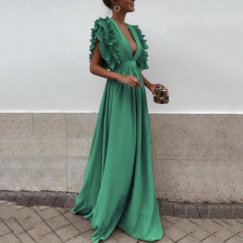 Nora | Women's High-Waist Flowing Maxi Dress with Ruffled Sleeves