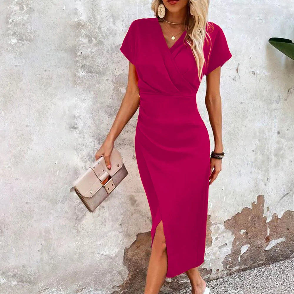 Maggie | Women's Bodycon Wrap Midi Dress with V-neck and Short Sleeve