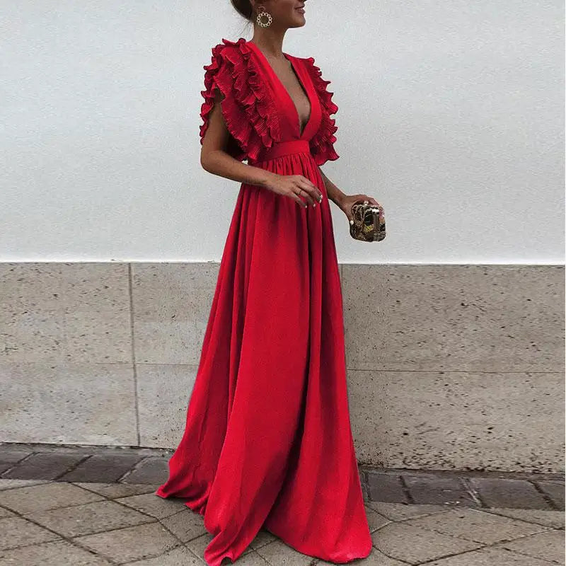 Nora | Women's High-Waist Flowing Maxi Dress with Ruffled Sleeves