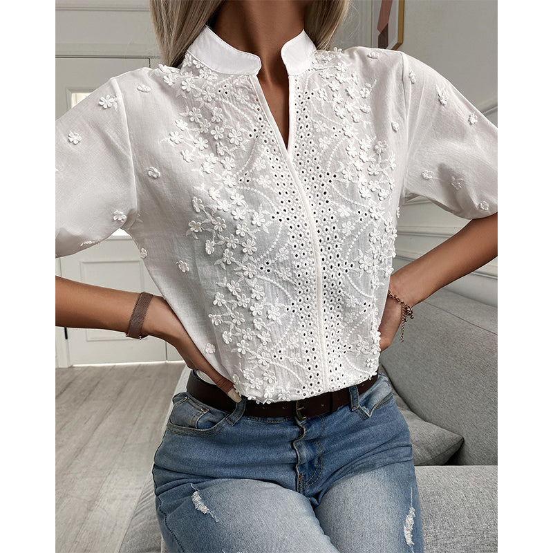 Lindsey | Women's V-neck Short Sleeve Top with Floral Embroidered and Eyelet