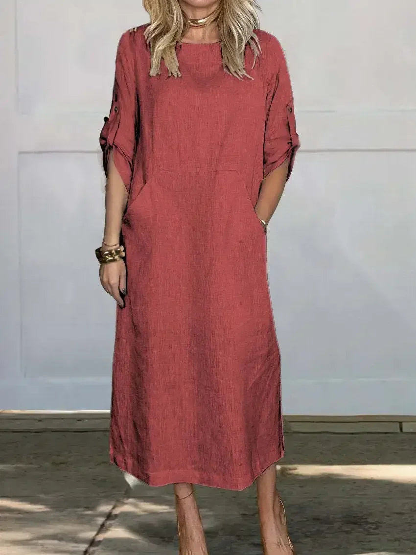 Emily | Women's Casual Roll Tab Sleeves Linen Midi Dress