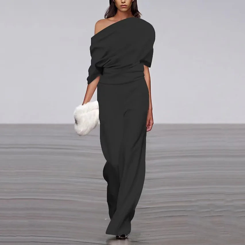 Sonia | Women's One Shoulder Drape Jumpsuit with Wide Legs