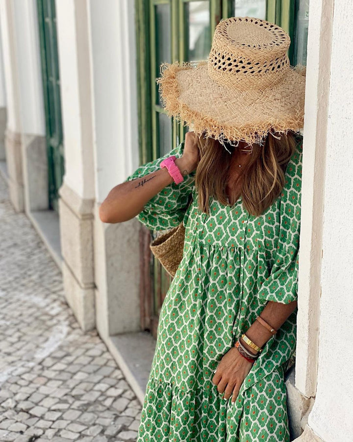 Chloe | Women's Printed Boho Dress with V-neck and Puff Sleeve