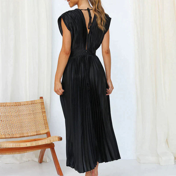 Bella | Women's Sleeveless Pleated Midi Dress with Deep V-Neck