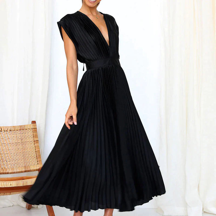 Bella | Women's Sleeveless Pleated Midi Dress with Deep V-Neck