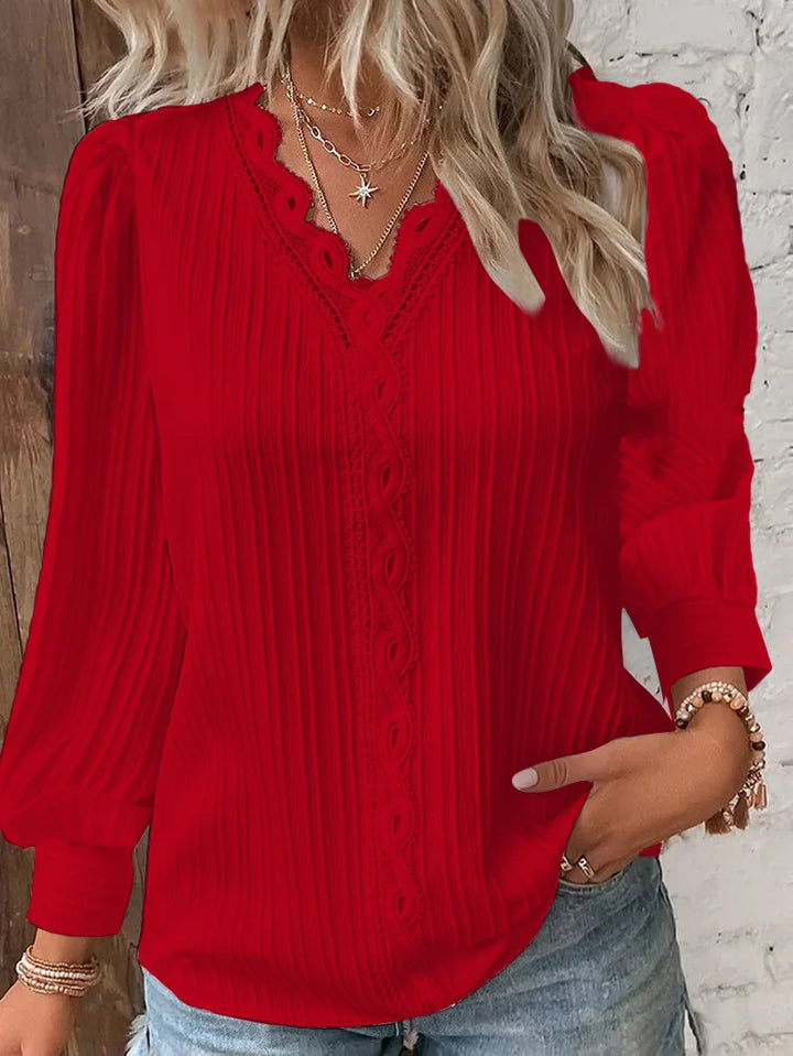 Rachel | Women's Long Sleeve Ribbed Blouse with Lace Trim and V-Neck