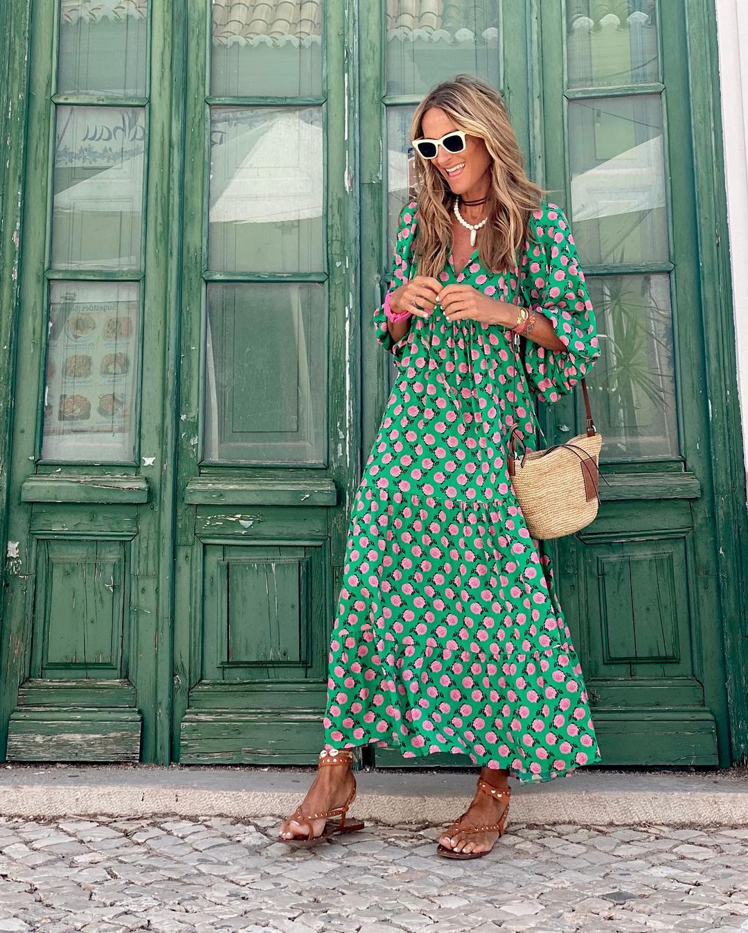 Chloe | Women's Printed Boho Dress with V-neck and Puff Sleeve