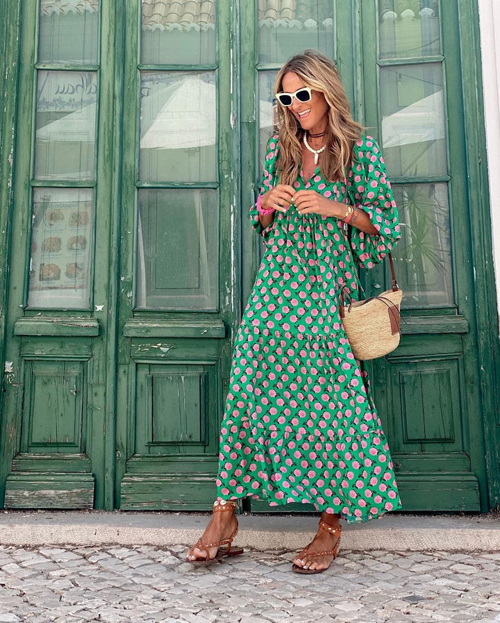 Chloe | Women's Printed Boho Dress with V-neck and Puff Sleeve